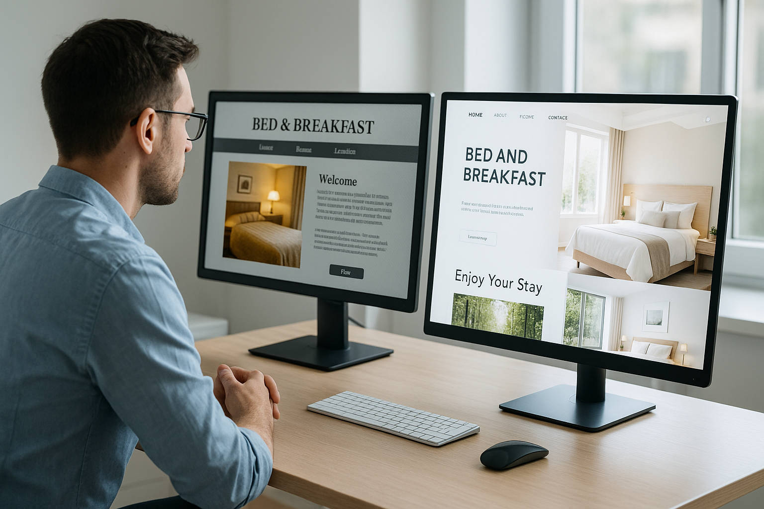 Professionista web che confronta il vecchio e il nuovo sito di un B&B durante il restyling digitale