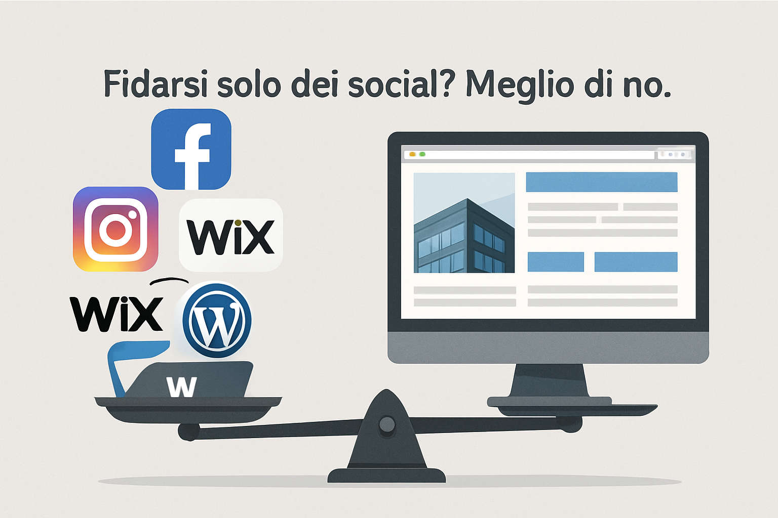 Bilancia digitale che confronta social media e portali gratuiti con un sito web aziendale professionale, evidenziando il maggiore valore del sito